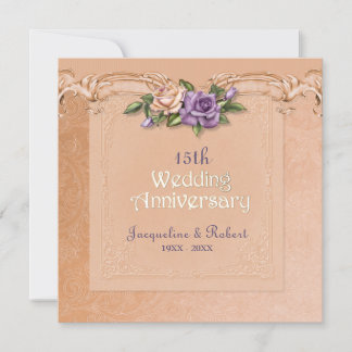 Damask and Roses Peach 15th Wedding Anniversary Invitation