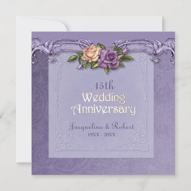 Damask and Roses Purple 15th Wedding Anniversary Invitation (Front)