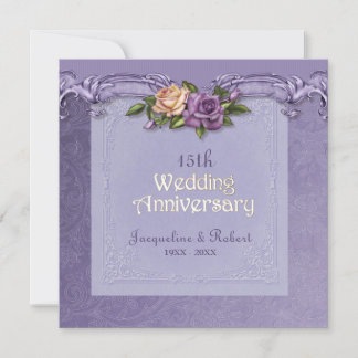 Damask and Roses Purple 15th Wedding Anniversary Invitation