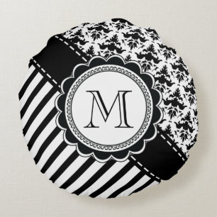 Damask and Stripes Monogram Round Cushion