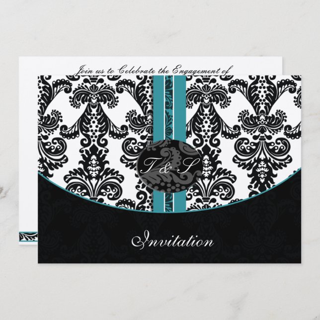 damask aqua silver wedding invitation (Front/Back)