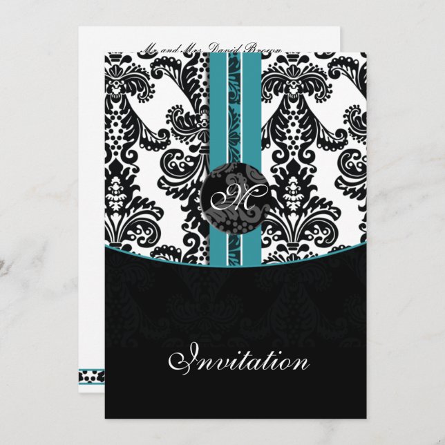 damask aqua wedding invitation (Front/Back)