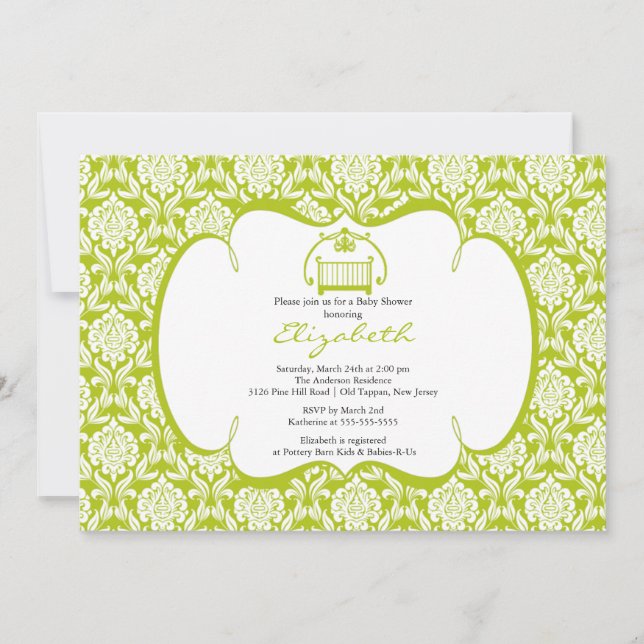 Damask Baby Shower Invitation Green Crib Girl Boy (Front)