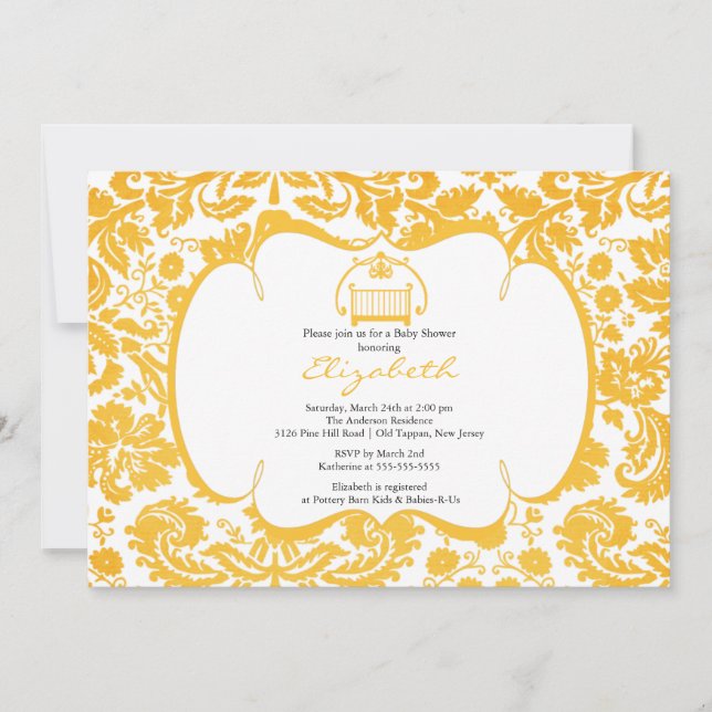 Damask Baby Shower Invitation Orange Crib Girl (Front)