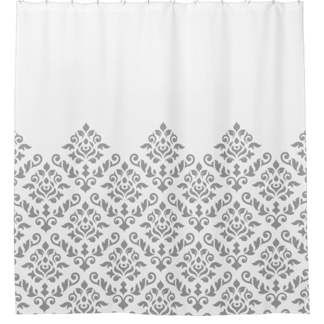 Damask Baroque Part Pattern Grey on White Shower Curtain (Front)