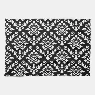 Damask Baroque Pattern White on Black Tea Towel