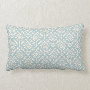 Damask Baroque Repeat Pattern Cream on Blue Lumbar Cushion