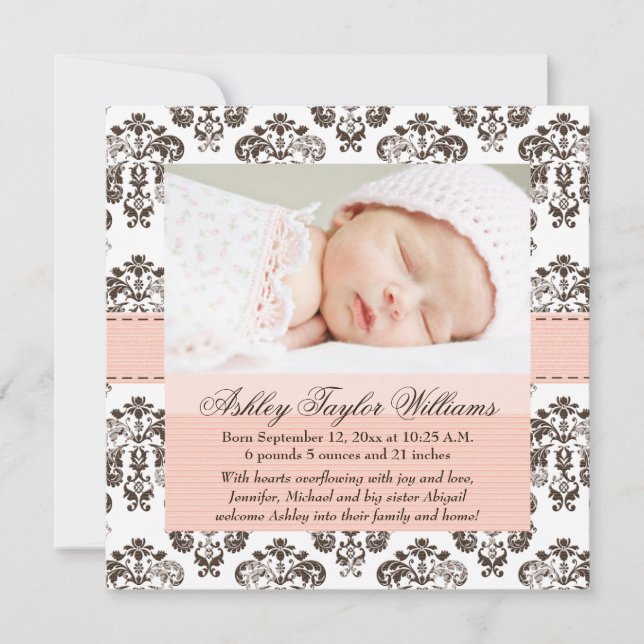 Damask Birth Announcement Pink and Brown (Front)