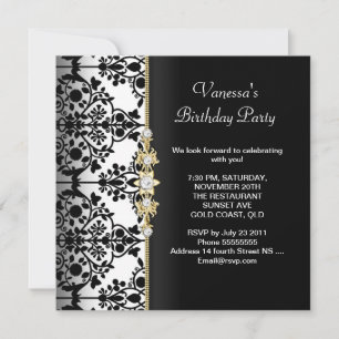 Damask Birthday Party Gold Black White Floral Invitation
