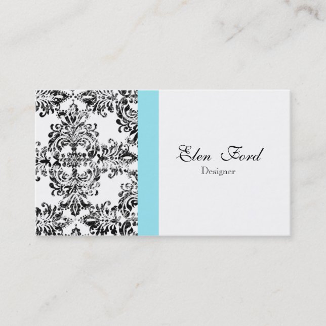 Damask Black and White and Blue  Elegant Business Card (Front)
