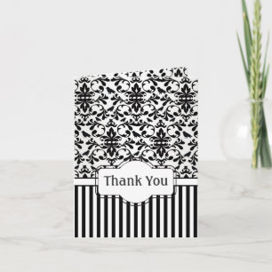 Damask black and white swirls, birds Thank You Card