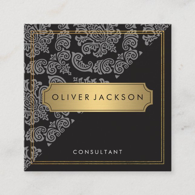 Damask Black Gold Executive Double Border Square Business Card (Front)