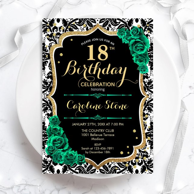 Damask Black Gold Green Roses 18th Birthday Invitation (Creator Uploaded)