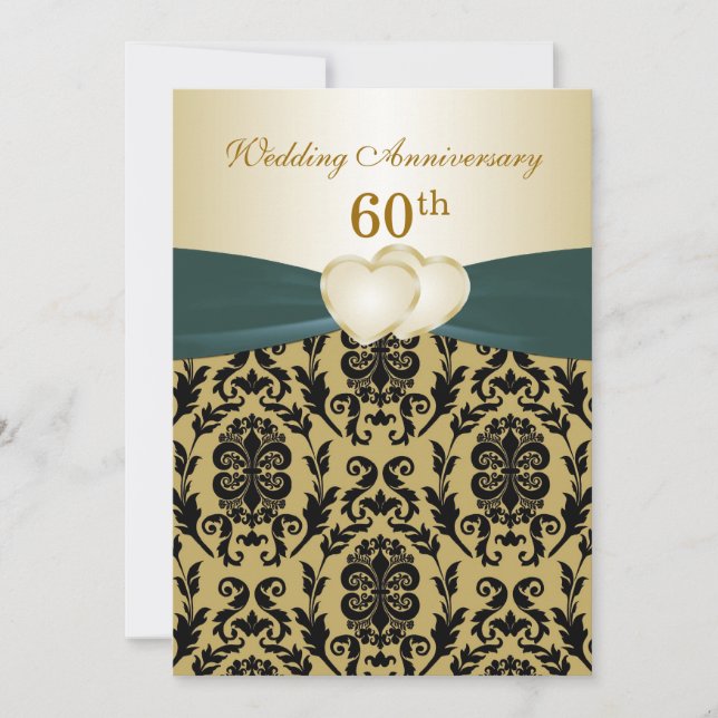 Damask black gold hearts 50th Wedding Anniversary Invitation (Front)