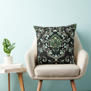 Damask Black, Green, Sunset, Ivory Throw Pillow