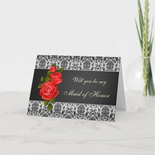 Damask black grey, red roses Maid of Honour Reques Invitation (Front)