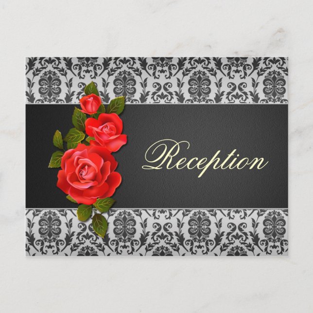 Damask black grey, red roses Wedding  Reception Invitation Postcard (Front)