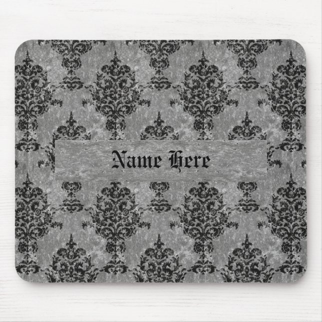 Damask Black on Faux Grey Stone Mouse Pad (Front)