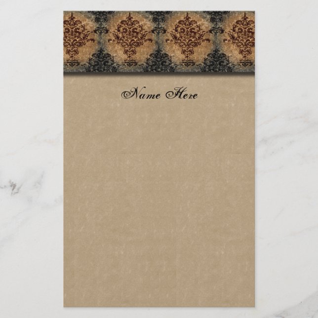 Damask Black on Tan Faux Parchment Stationery (Front)