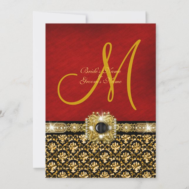 Damask black red gold "elegant wedding" invitation (Front)