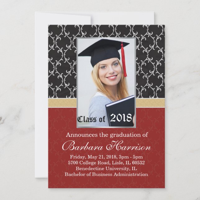 Damask black, red Graduation Announcement Photo (Front)