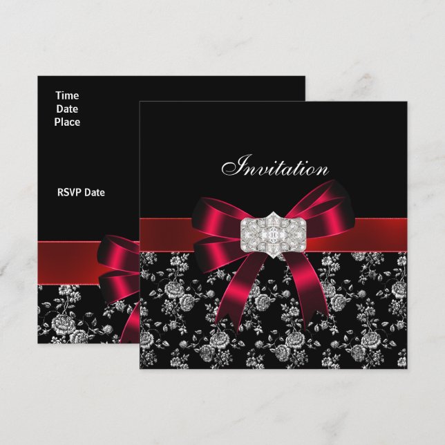 Damask Black Red White Jewel Bow Invitation (Front/Back)