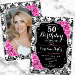Damask Black Silver Pink Photo 50th Birthday Invitation<br><div class="desc">Elegant floral feminine 50th birthday invitation with your photo at the back of the card. Glam black white pink design with faux glitter silver. Features black and white damask pattern, pink roses, script font and confetti. Perfect for a stylish adult bday celebration party. Personalise with your own details. Can be...</div>