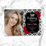 Damask Black Silver Red Roses Photo 50th Birthday Invitation<br><div class="desc">Elegant floral feminine 50th birthday invitation with your photo. Glam black white red design with faux glitter silver. Features black and white damask pattern, red roses, script font and confetti. Perfect for a stylish adult bday celebration party. Personalise with your own details. Can be customised for any age! Printed Zazzle...</div>