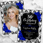 Damask Black Silver Royal Blue Photo 50th Birthday Invitation<br><div class="desc">Elegant floral feminine 50th birthday invitation with your photo at the back of the card. Glam black white royal blue design with faux glitter silver. Features black and white damask pattern, sapphire blue roses, script font and confetti. Perfect for a stylish adult bday celebration party. Personalise with your own details....</div>