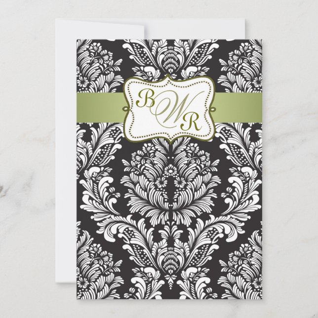 Damask black, white and green Monograms Wedding Invitation (Front)