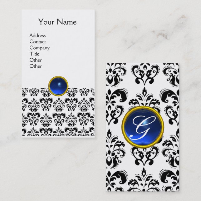 DAMASK BLACK WHITE BLUE GEMSTONE MONOGRAM BUSINESS CARD (Front/Back)