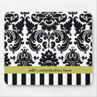 Damask Black White Chartreuse + Stripes Mouse Pad