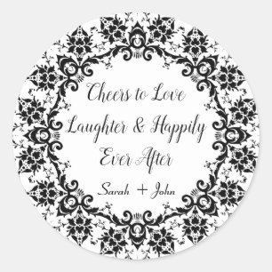 Damask Black White Cheers to Love Laughter Wedding Classic Round Sticker