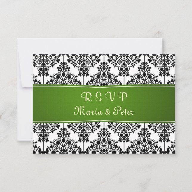 Damask black, white, green RSVP Invitation (Front)