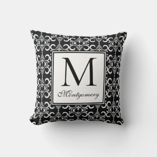 Damask Black White Monogrammed Cushion