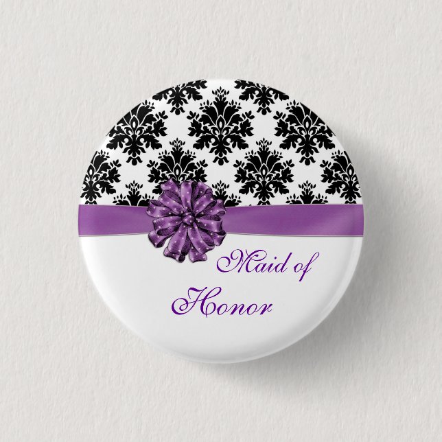 Damask black white purple bow Maid of Honour 3 Cm Round Badge (Front)