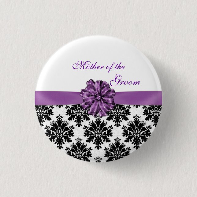 Damask black white purple bow Mother of the Groom 3 Cm Round Badge (Front)