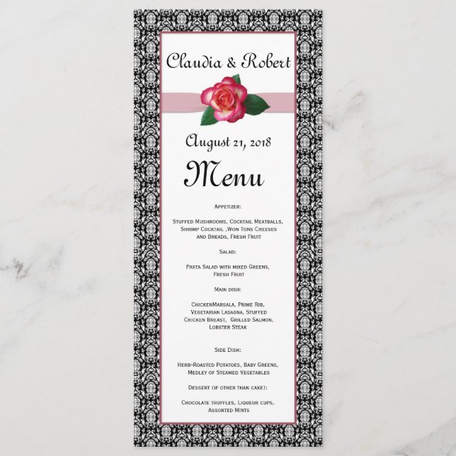 Damask black white, red rose Wedding Menu (Front)