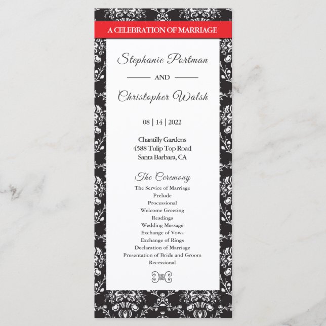 Damask Black White Red Stripe Wedding Program Programme (Front)