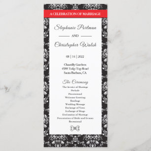 Damask Black White Red Stripe Wedding Program Programme
