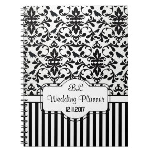 Damask black white stripes Wedding Planner Noteboo Spiral Notebook