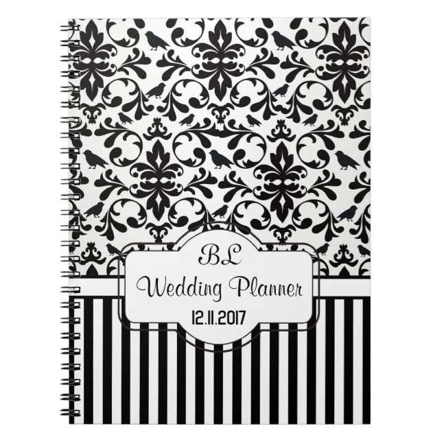Damask black white stripes Wedding Planner Noteboo Spiral Notebook (Front)