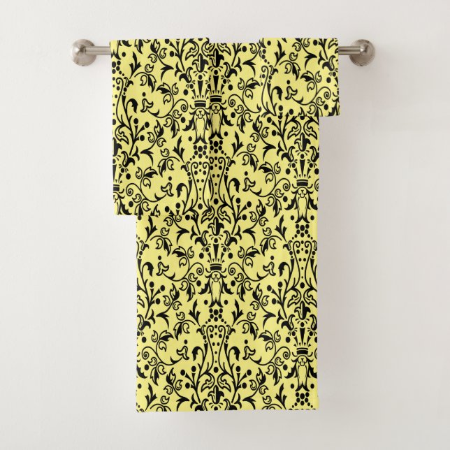 Damask Black & Yellow Bath Towel Set (Insitu)