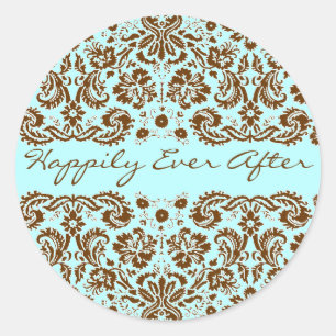 Damask Blue and Brown Wedding Classic Round Sticker