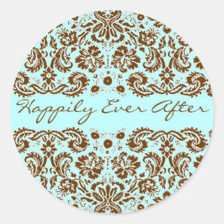 Damask Blue and Brown Wedding Classic Round Sticker