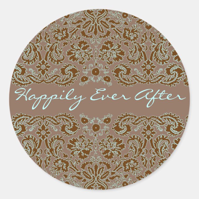Damask Blue and Brown Wedding More Brown Classic Round Sticker (Front)