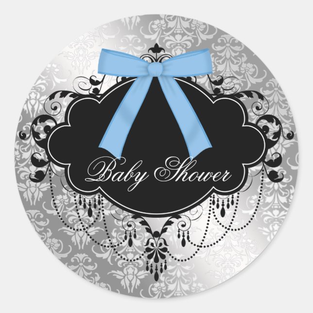 Damask Blue Black Baby Boy Shower Sticker (Front)