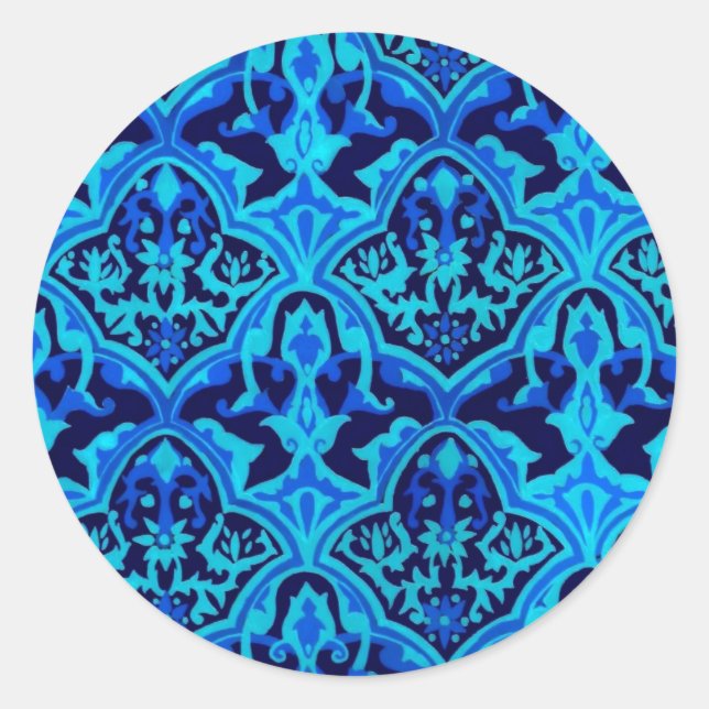 Damask blue classic round sticker (Front)