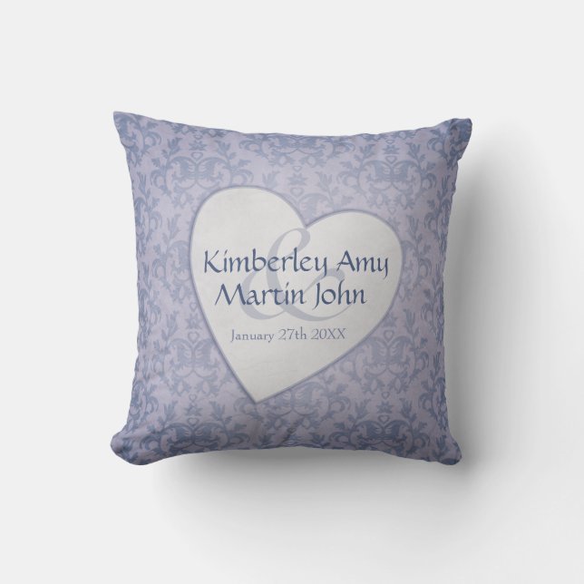 Damask blue heart commemorative wedding pillow (Front)