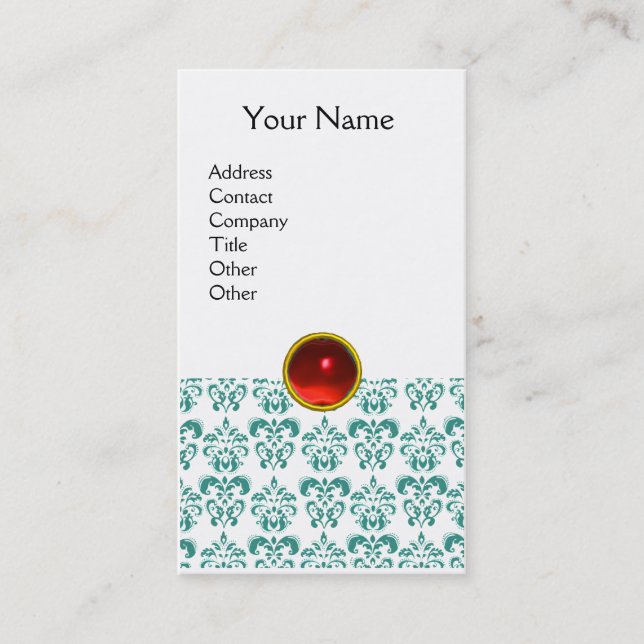 DAMASK BLUE MONOGRAM gem red ruby light white Business Card (Front)